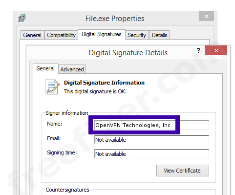 Screenshot of the OpenVPN Technologies, Inc. certificate
